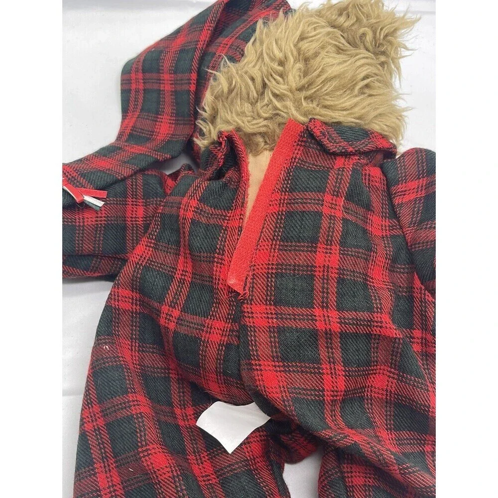 Vintage Teddy Bear in Plaid PJ bunny slippers sleeping cap red Stuffed Animal